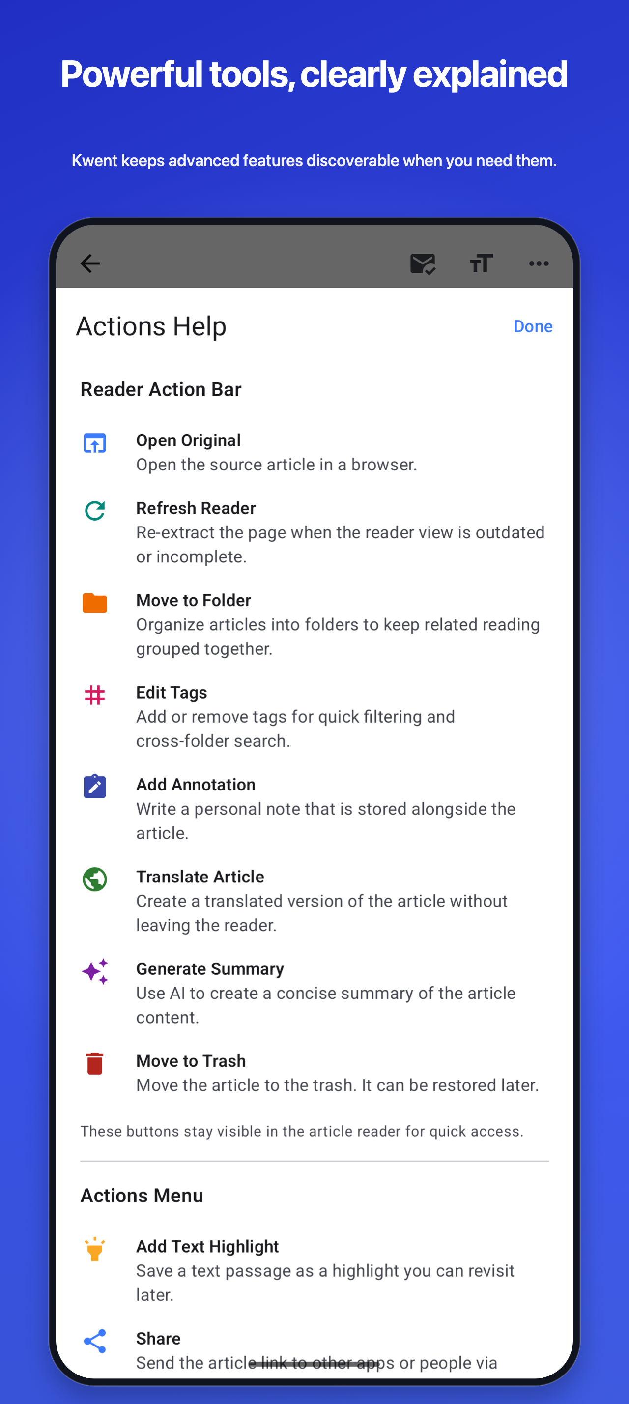 Actions help on Android