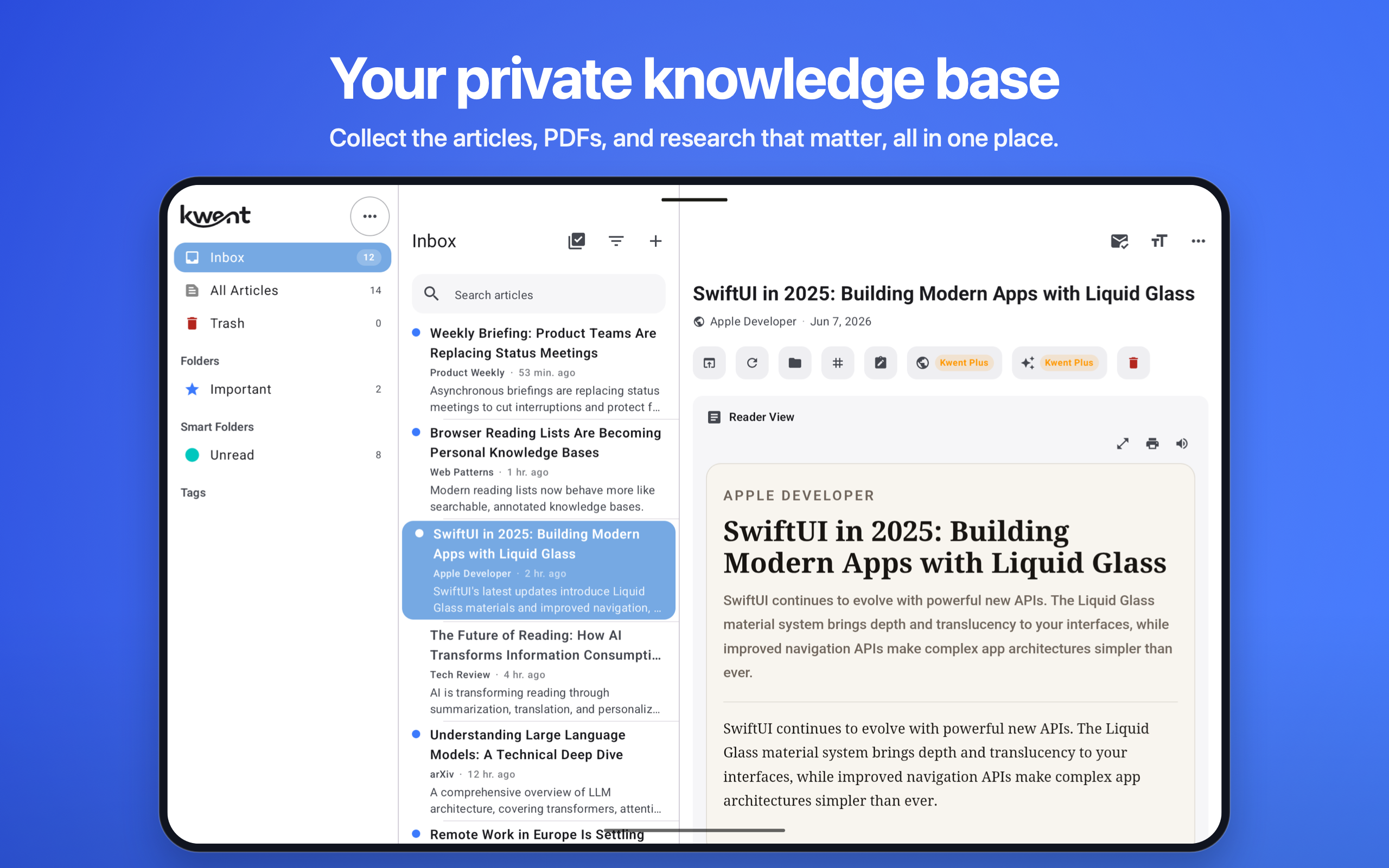 Kwent inbox on Android tablet