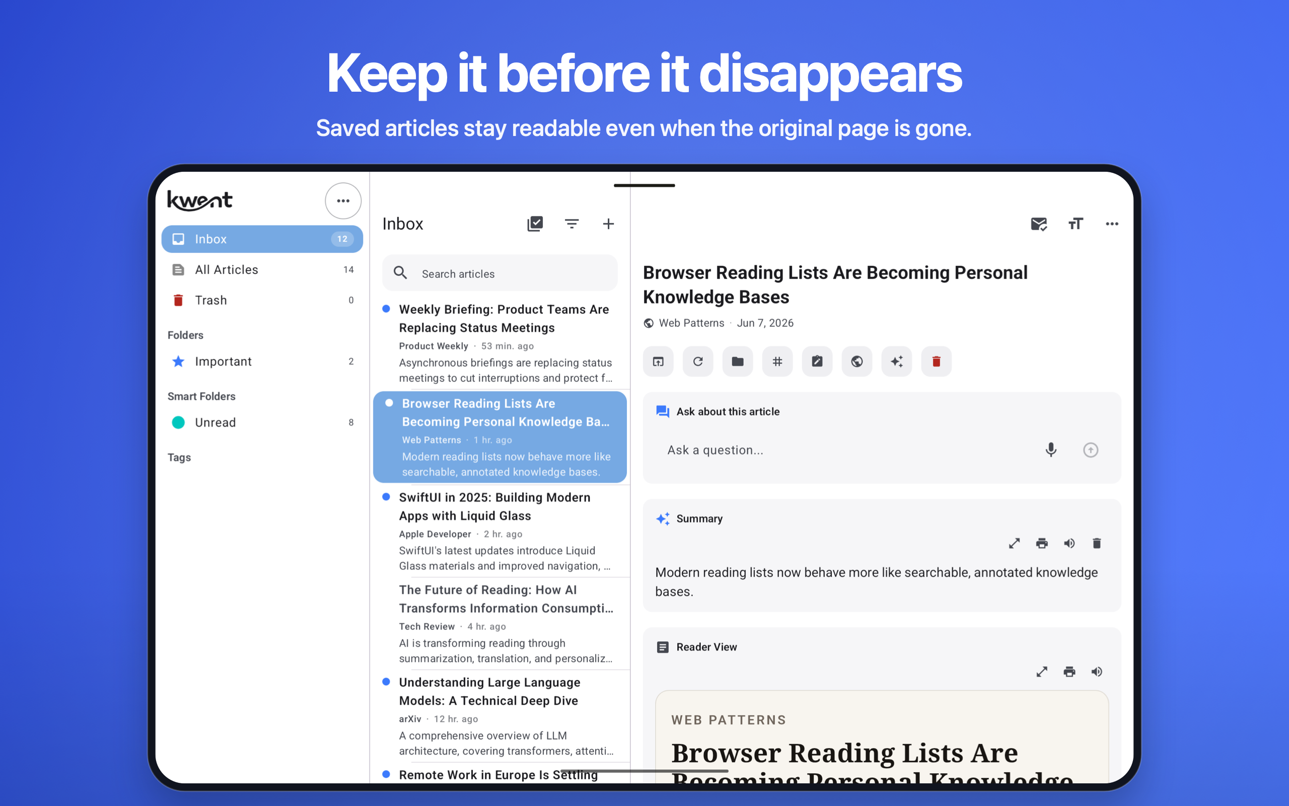 Article reader on Android tablet