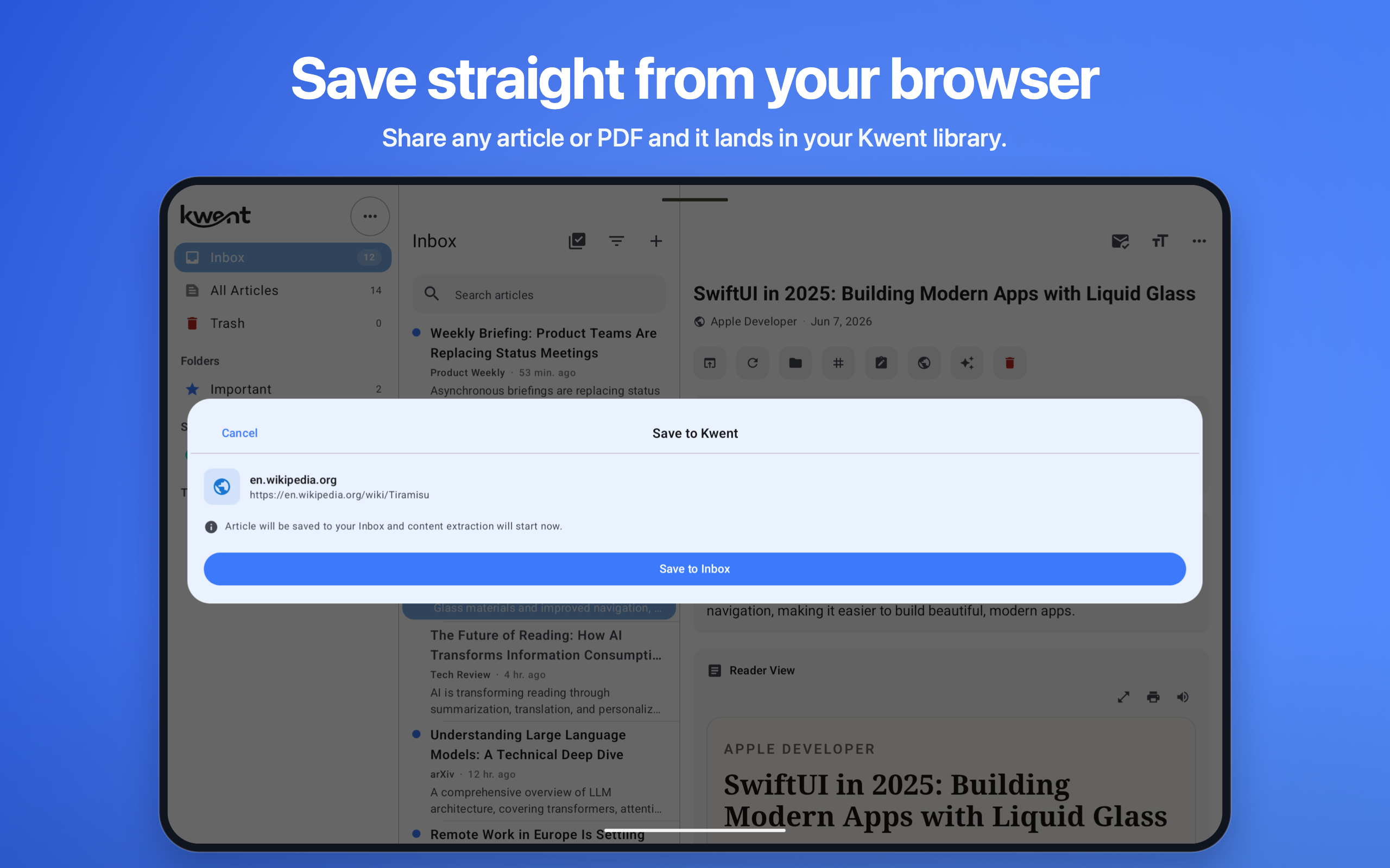 Share into Kwent from any browser on Android tablet