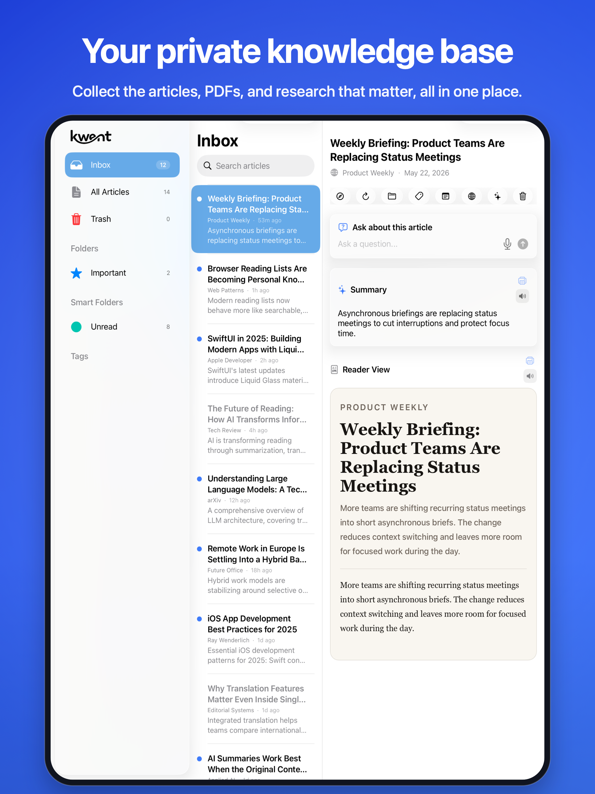 Kwent inbox on iPad