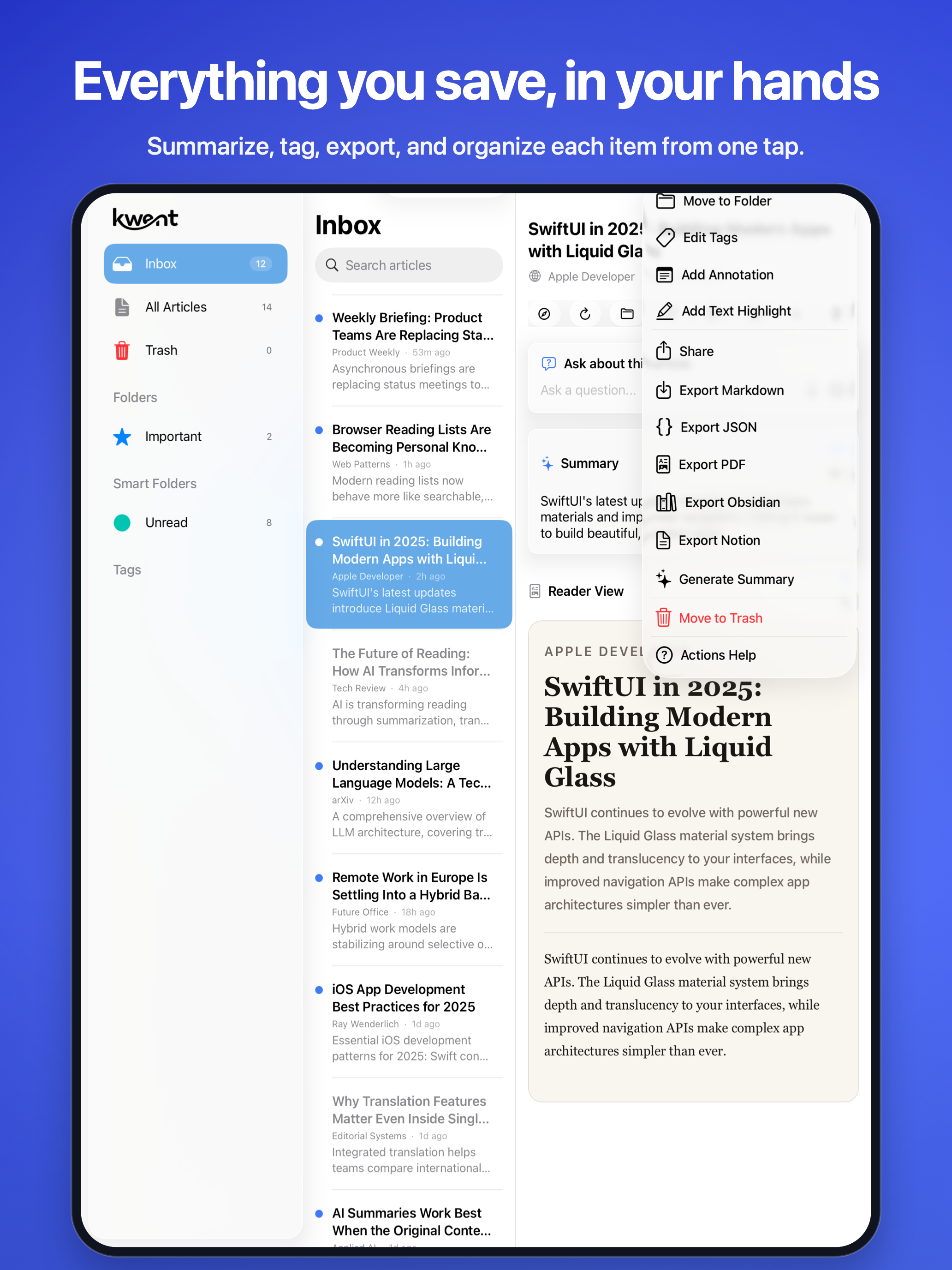 Actions menu on iPad