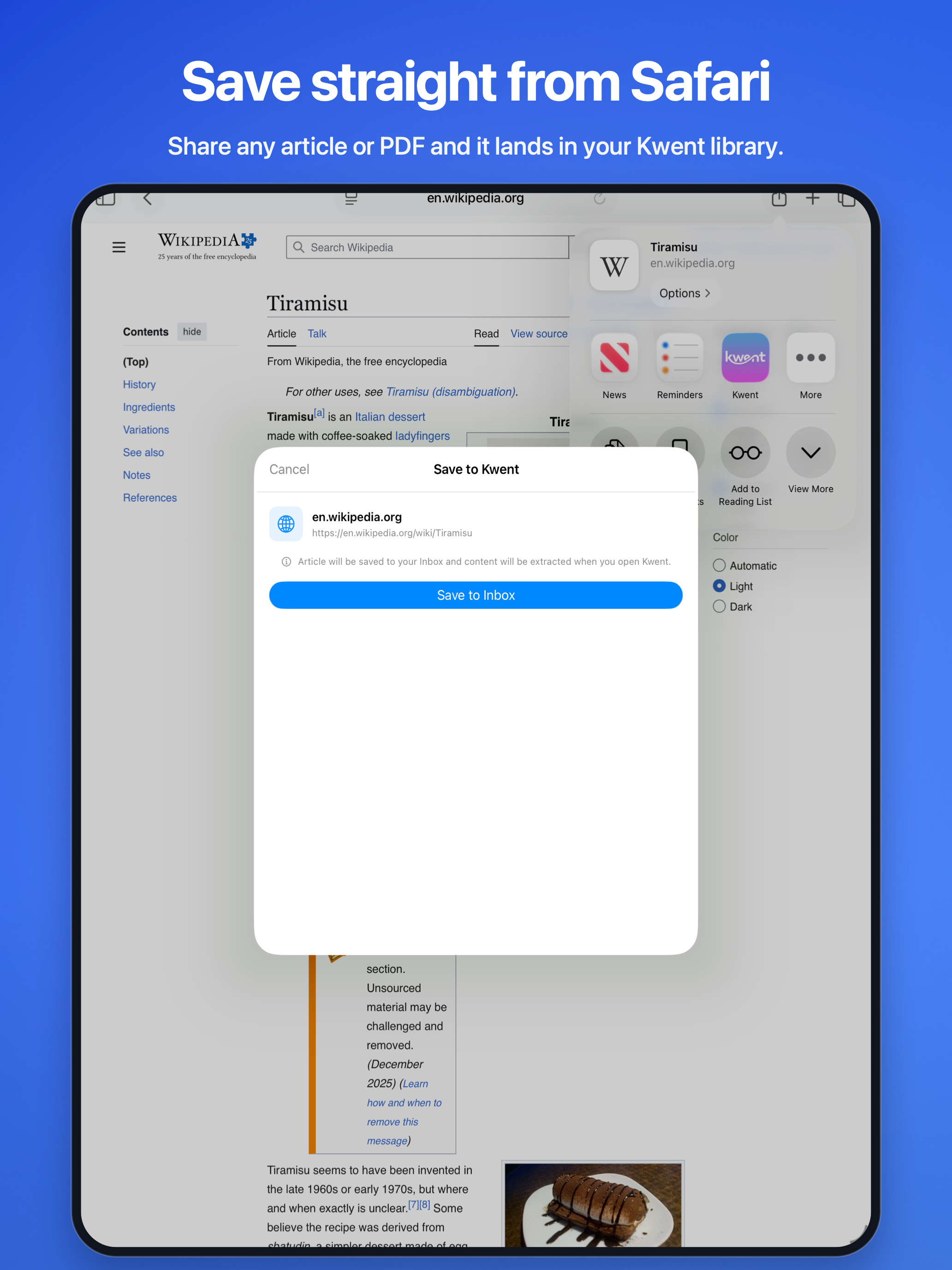Share into Kwent from Safari on iPad