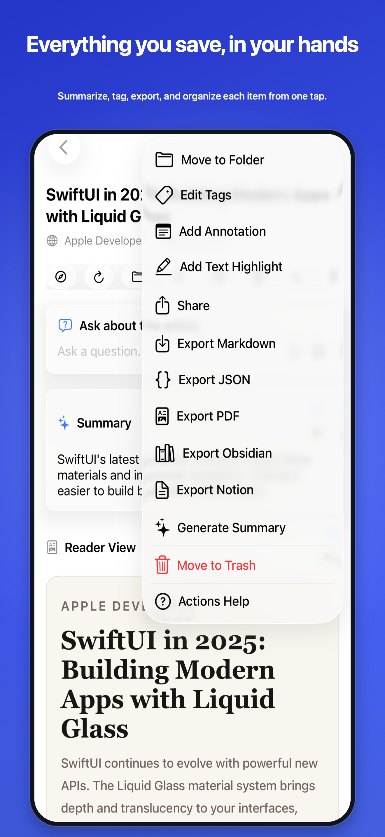 Actions menu on iPhone